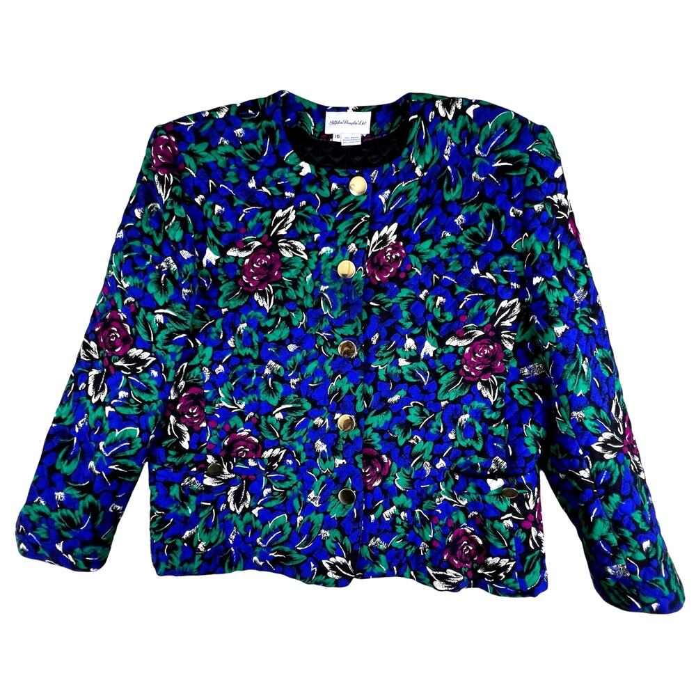 Vintage 90s Floral Quilted Jacket 16 Jewel Tone Tapestry Gold Button Coat Blazer